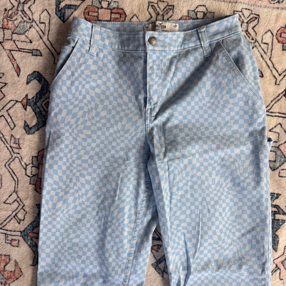 Hollister Light Blue Checkerboard High-Rise Utility Dad Pants - size 27 - Picture 2 of 5